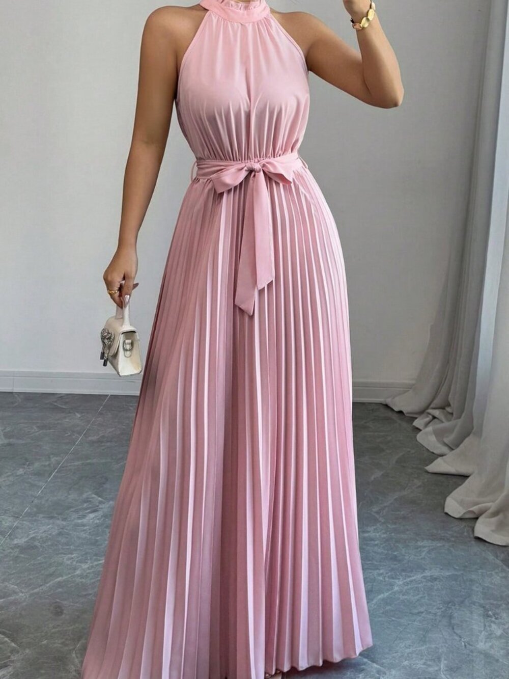 Pink Women's Elegant ha;ter neck pleated A-Line maxi Dress
